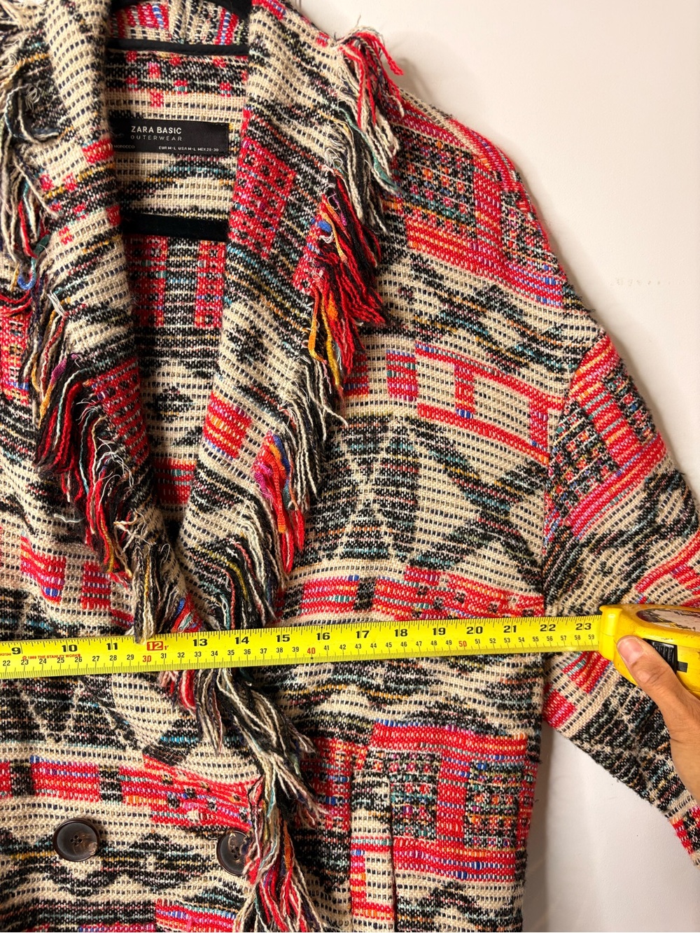 Zara Fringe Open-Front Patterned Jacket - Red & Cream - Picture 11 of 14